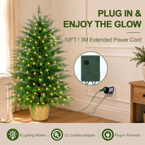 ENVEN 4FT Prelit Artificial Cedar Christmas Tree with Lights Plug in Power, Faux Cedar Potted Christmas Tree in Decorative Wicker Basket, Realistic Indoor Outdoor Holiday Decoration