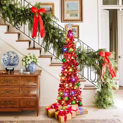 N&T NIETING Pop Up Christmas Tree with Lights & Ornaments, 5FT, Red