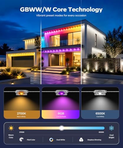 Permanent Outdoor Lights, 150ft RGBWW Smart LED Eaves Lights with Warm/Cool White, Local Bluetooth App Control IP67 Waterproof Architectural House Exterior Lighting for Daily Accent
