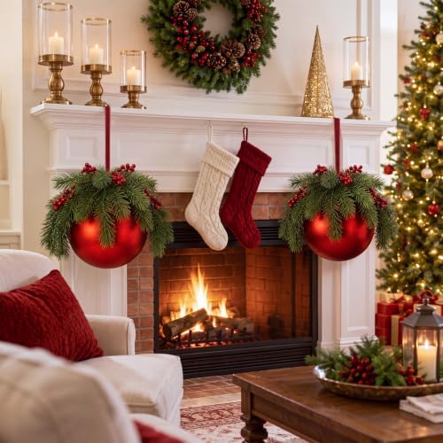 Yalikop 2 Pcs 8" Extra Large Red Christmas Ball Ornament with Pine Branches