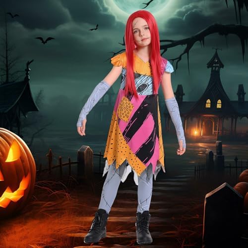 Girls Christmas Nightmare Cosplay Outfit Kids Toddler Doll Princess Halloween Costumes with Red Wig Tattoo Stickers