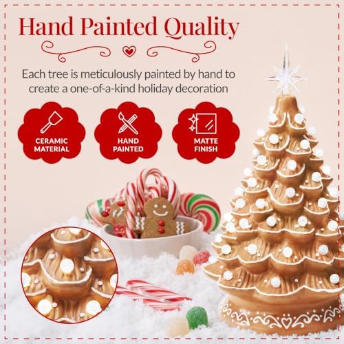 Best Choice Products 15in Ceramic Christmas Tree, Pre-lit Hand-Painted Tabletop Holiday Tree, 2 Star Toppers, 64 Lights - Gingerbread w/White Bulbs