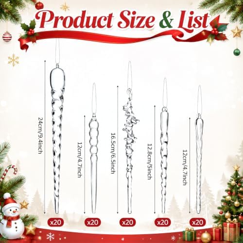 Syhood 100 Pcs Crystal Christmas Tree Ornaments, Assorted Icicles