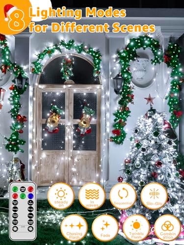 BrightChristmas 1000 LED 328 FT Outdoor String Lights with Remote and Timer, Dimmable with 8 Modes, Waterproof, Cool White Fairy Lights for Christmas Tree & Holiday Decor