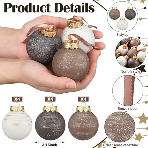 Yunlly 12 Pcs Neutral Christmas Ornament, Bronze Taupe Ivory, 2.36''