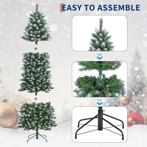 7.5ft Snow Flocked Artificial Pencil Christmas Tree, Unlit Slim Xmas Tree with Pine Cones, PVC Branch Tips Metal Stand, for Indoor Holiday Home/Office Decor