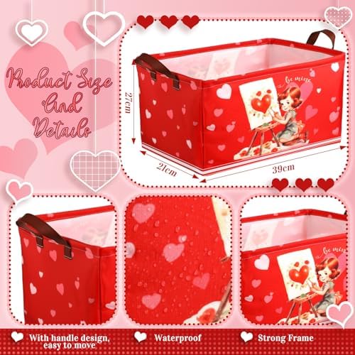 CHENGU 6 Pack Valentine's Day Storage Basket Vintage Valentine's Day Basket for Gift Collapsible Red Heart Holiday Decor Retro Large Bin Foldable Waterproof Box with Handle for Bedroom Laundry Nursery
