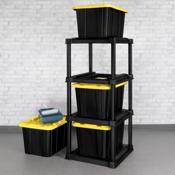 Sterilite 4 Tier Tote Rack, Vertical Plastic Organizer with 4 Pack 27 Gallon Industrial Storage Totes, Black - for Garages, Workshops, or Basements