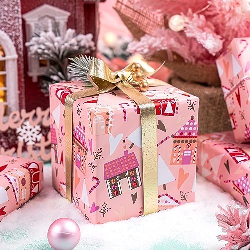 WRAPAHOLIC Reversible Christmas Wrapping Paper - Mini Roll - 17 Inch x 33 Feet - House with Christmas Tree and Candy Cane Wrapping Paper for Holiday, Party Celebration
