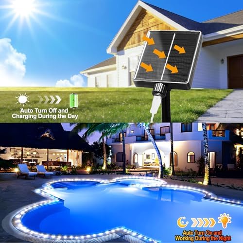 KNONEW Solar Rope Lights Outdoor 2 Packs Total 600LED 100FT Solar String Light Outside Waterproof with 8 Modes Clear Thin Tube for Pool Patio Garden Fence Camping Yard Deck Trampoline（Cool White）