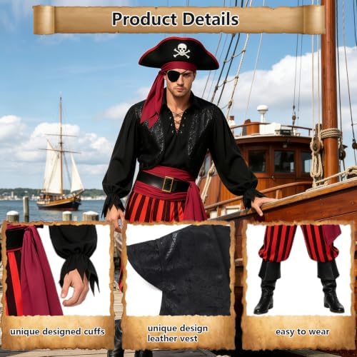 9pcs Adult Halloween Pirate Costume for Men with Accessories