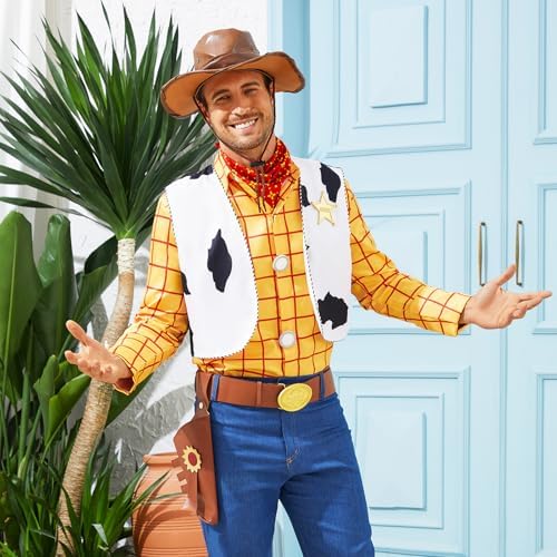 Cowboy Sheriff Costume Men's Plaid Button Down Shirt with Vest Bandana Star Badge Halloween Sheriff Cosplay Outfits