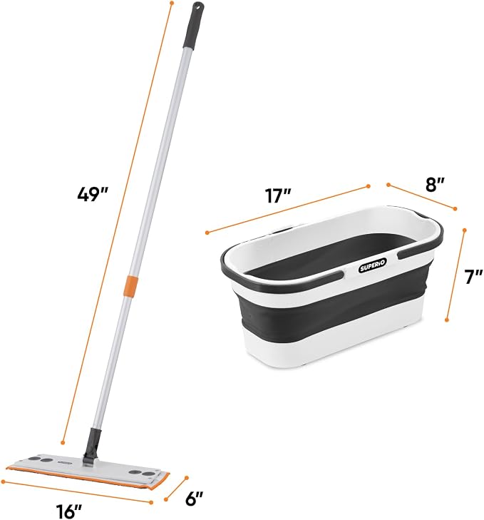 Superio Miracle Mop with Telescopic Handle & Microfiber Pad, Fold N Go 10L Collapsible Mop Bucket with Wheels - Portable Cleaning Set for Vinyl, Tile, Hardwood & More - Grey