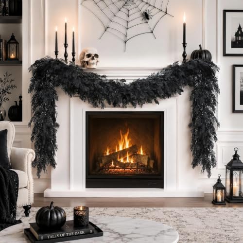 Halloween Garland 8.9FT Decorations Black Real Touch Cedar Cypress Pine Plant Artificial Halloween Garland for Mantle, Fireplace, Table, Stairs, Door, Porch, Indoor Outdoor Decorations, Black
