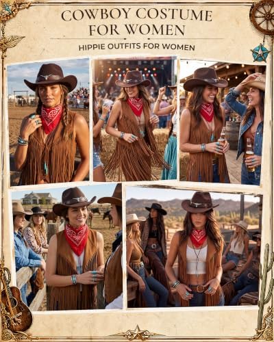 Women Western Cowgirl Outfit 8Pcs Tassel Vest Hat Bandana Jewelry Set