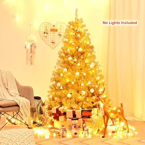 Happygrill 6FT Golden Christmas Tree Artificial Tinsel Xmas Tree with Metal Stand, 1036 Branch Tips Artificial Hinged Christmas Tree for Holiday Decoration