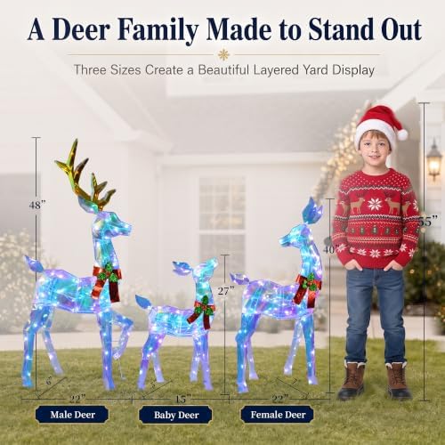 48" 3-Piece 2.5D Colorful Lighted Christmas Deer Family Outdoor Decorations, Clear-Look Reindeer Set with 145 Lights, Gold Antlers, Stakes and Zip Ties for Yard Lawn Porch Garden Holiday Decor