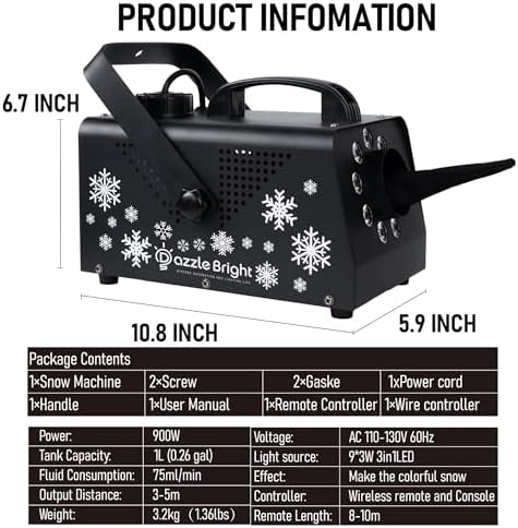 Dazzle Bright 900W Snow Maker Machine Snowflake Making, High Output Fake Snow Machine Remote Control Snowmaker for Outdoor Stage Christmas Parties Indoor