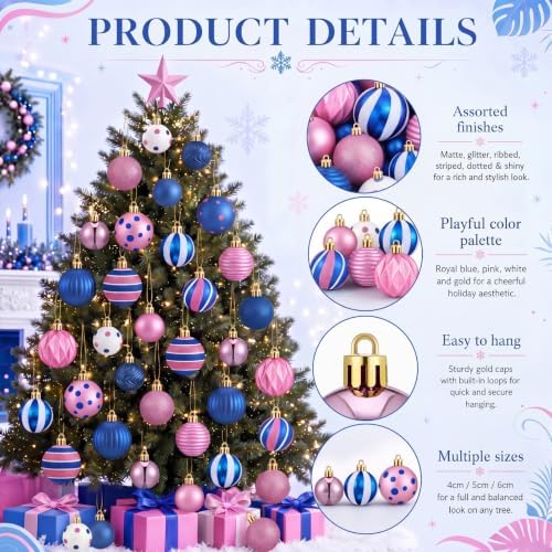 Lunmon 64 Pcs Blue Pink Christmas Ball Ornaments Set Cartoon Xmas Baubles