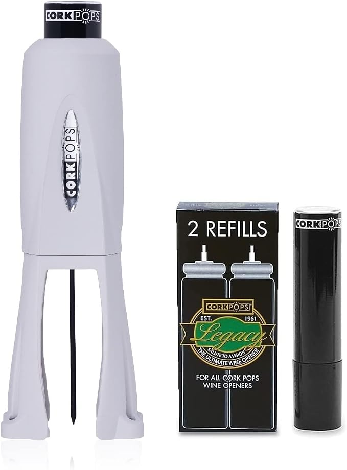 Cork Pops Legacy Wine Opener Built-in 4-Blade Foil Cutter Safe Cork Removal, Effortless Push Button Use, Needle Guard for Safety, Low-Pressure Cartridge Opens Up To 60 (Gray, With 3 Cartridges)