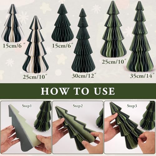 SUNBEAUTY 6PCS Honeycomb Christmas Trees Vintage Paper Christmas Tree Decor 3D Honeycomb Trees Table Centerpiece for Xmas New Year Holiday Party Home Decor (Green, White)