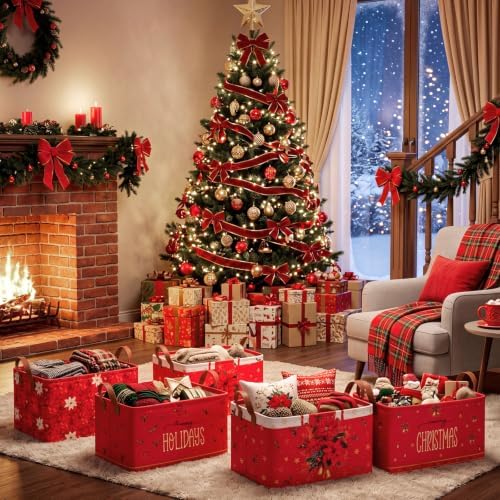 CHENGU 6 Pack Christmas Basket Collapsible Poinsettia Christmas Storage Bin