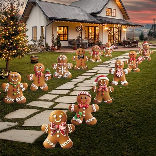 12 Pcs Christmas Gingerbread Man Yard Signs with Stakes - Xmas Gingerbread Yard Stakes Lawn Signs for Christmas Holiday Pathway Garden Patio Party Favors