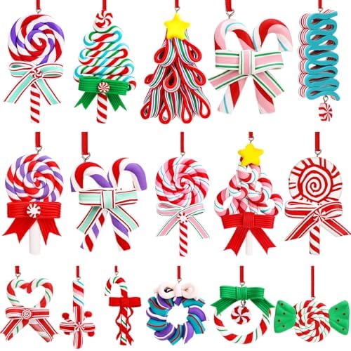 AUGSUN 16Pcs Christmas Lollipop Ornaments, Polymer Clay Peppermint Pendants