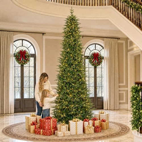 Glitzhome 11ft Prelit Artificial Christmas Tree, Pencil Christmas Tree Radiant Slim Evergreen with 4,205 Tips, 2,700 Warm White & Multi-Color Chasing and Twinkling Lights, 9 Light Modes, Easy Assembly