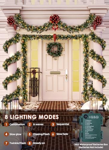 Christmas Garland with Lights, 9Ft Prelit Garland, 8 Light Modes & Timer