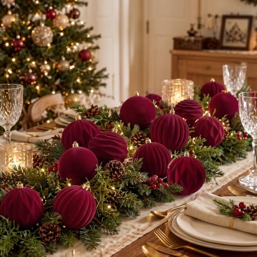 Liliful 3.15 Inch 12 Pcs Velvet Christmas Ornaments Balls, Burgundy Red