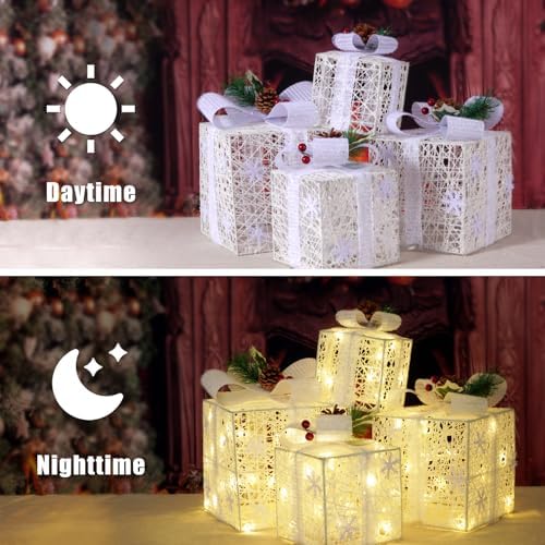 Set of 4 Christmas Lighted Gift Boxes, White Snowflake Holiday Decor