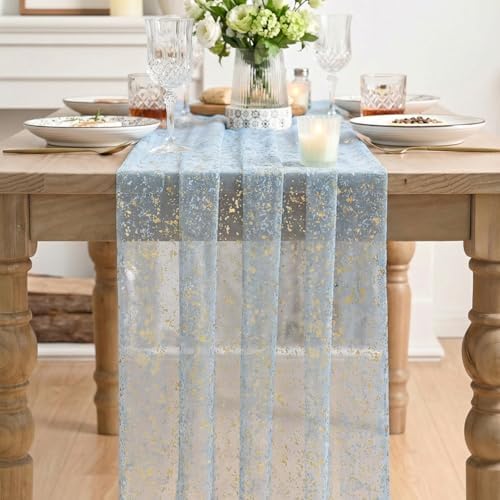 Artoid Mode 6PC Gold Gauze Light Blue Table Runner 120 Inch 10FT, Glitter Metallic Foil Sheer Dining Wedding Anniversary Holiday Birthday Table Decor for Home Party