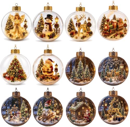 12PCS Glowing Christmas Ornaments - Mini Gold Light-Up Christmas Ball Ornaments - Christmas Tree Ornament with Warm LED Light for Tree Mantel, Holiday Scene Decoration & Gift