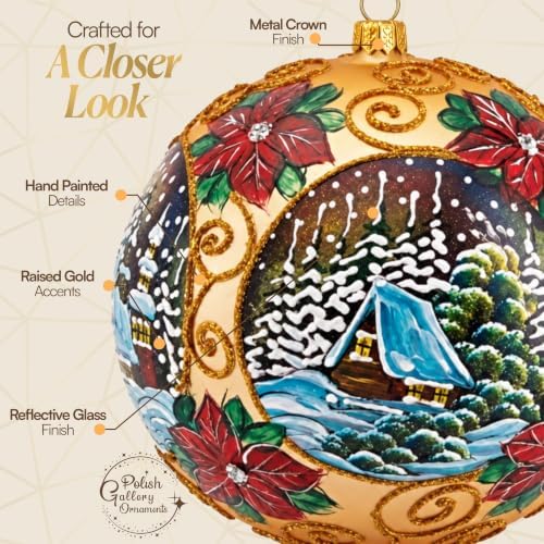 Hand Blown Glass Christmas Ornaments Ball, Golden Poinsettia 8 in + Stand