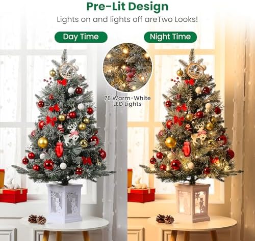 GarveeHome 3ft Prelit Christmas Tree with 78 Warm Lights & Red Berry, Artificial Xmas Trees with Snowman Light Box Base, for Home, Office, Fireside Christmas Decoration, Set of 1