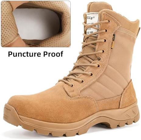 Men's Military Tactical Work Boots with Side Zipper, Puncture Resistant, Desert Combat, Army Jungle, 8 Inch Lightweight Hiking Boots