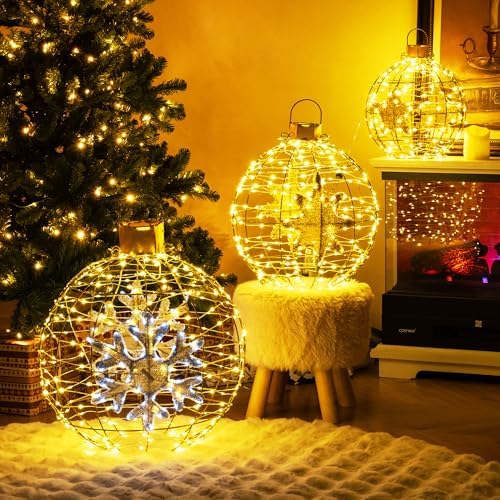 Tangkula 3 Pack Christmas LED Lighted Balls, Metal Sphere Globe Lights
