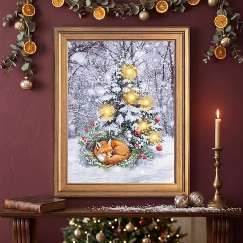 Framed Sleeping Fox Christmas Canvas Wall Art Gold Frame Inch 12x16