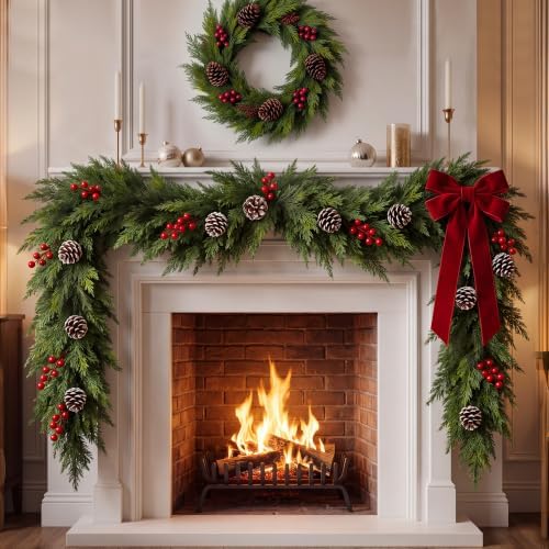 Realistic Christmas Cedar Garland Decor - 9FT Real Touch,Fluffy for Mantle