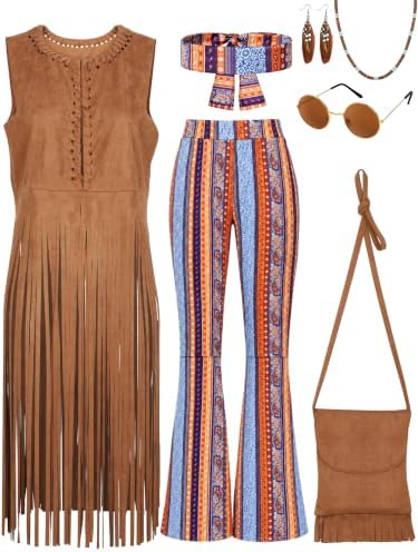 SOMSOC 7 Pieces 60s 70s Women Hippie Costume Fringe Vest Bag Pant Headband for Disco