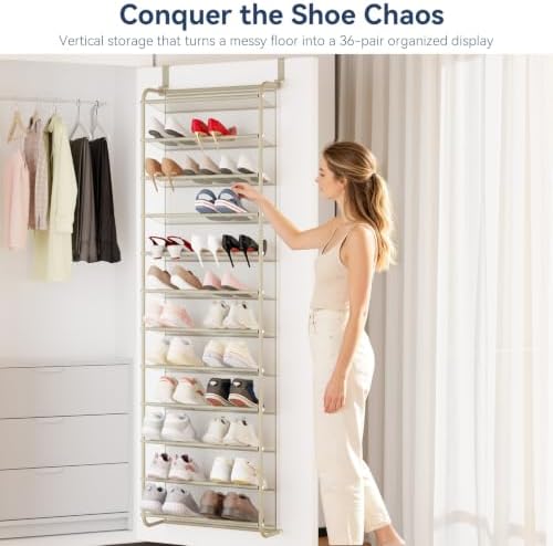 Whitmor 36 Pair Over the Door Shoe Rack,12 Tier Hanging Shoe Organizer with Metal Frame & Mesh Shelves, Heavy Duty Shoe Storage Holder for Door, No Drill Installation, 74" H x 21.7" W x 7.5" D, Oat