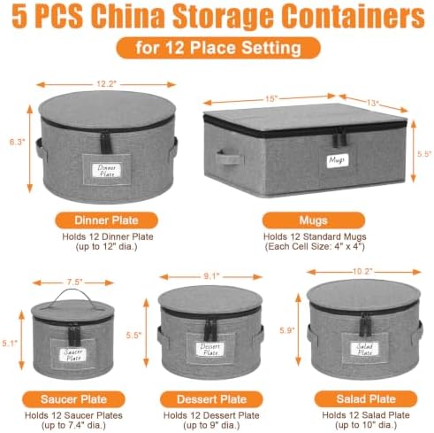Kukikan China Storage Container, Hard Shell for Moving, 5 Pack Dish Storage