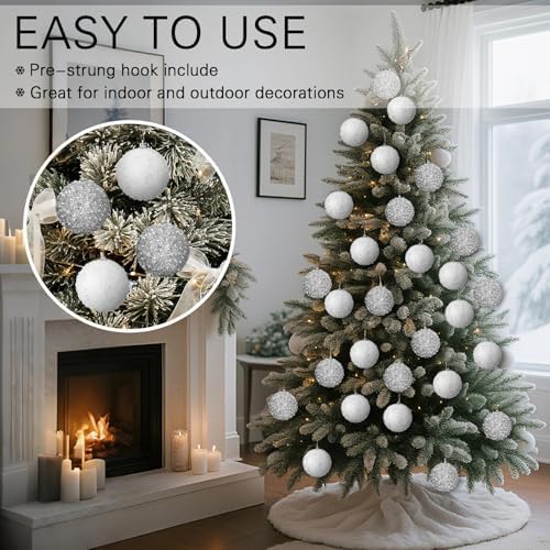 Lyrow 24 Pcs 4" Christmas Ball, White,Silver