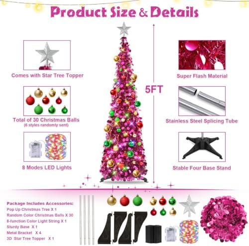 N&T NIETING Pop Up Christmas Tree with Lights & Ornaments, 5FT, Fuchsia