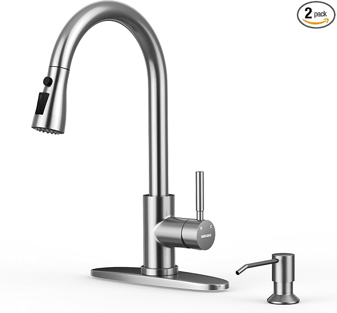 WEWE Kitchen Sink Faucet with Soap Dispenser, Kitchen Faucet with Pull Down Sprayer 3 Modes Stainless Steel Single Handle Single Hole Pull Out Brushed Nickel Faucet for Bar Laundry RV Utility Sink