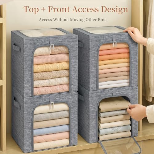 GoMaihe Blanket Storage Bins with Metal Frame for Closet, 55L 6-Pack Grey