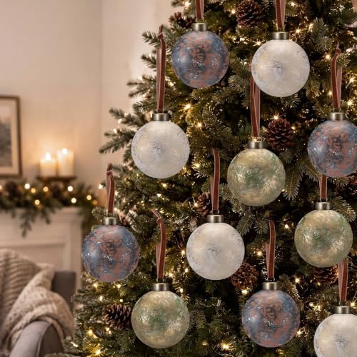Yunlly 12 Pcs Neutral Christmas Ornament, Rusty Green Ivory Blue, 3.15''