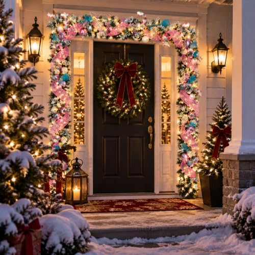 Riceshoot 6 ft Candy Pastel Christmas Artificial Garland with LED Lights