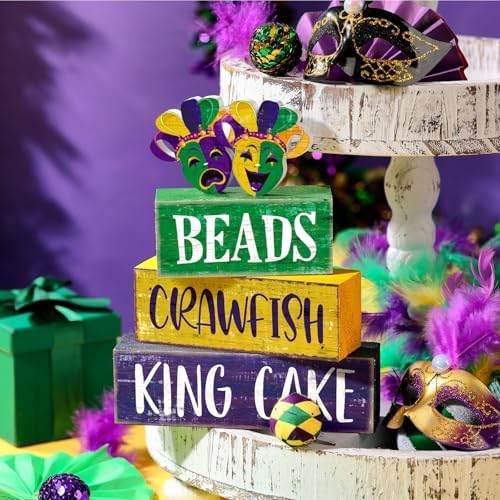 Moucuny 4 Pcs Mardi Gras Wooden Block Signs Farmhouse Table Decoration